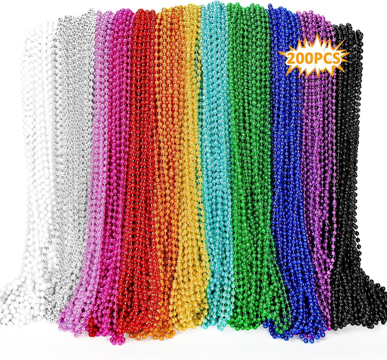 200PCS Mardi Gras Beads, Metallic 12 kinds Bead Necklace Party Favors, 33" Mardi Gras Necklace Bulk Accessories Stuff, Festival Parade Throw for Wedding Birthday Mardi Gras Celebrations Decorations